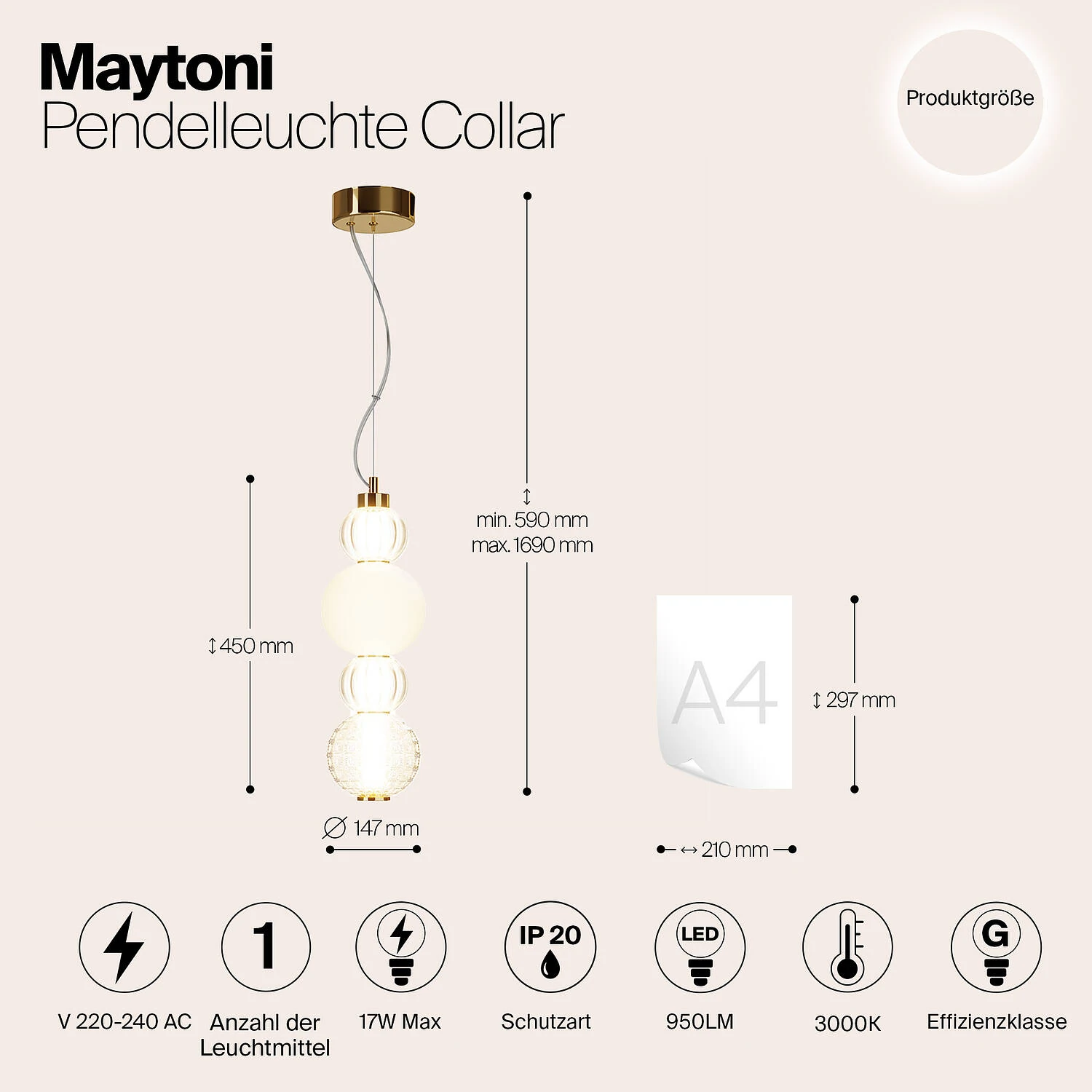 Подвесной светильник Pendant Collar, LED 17W, 3000K, Золото, Прозрачный и белый (Maytoni, P069PL-L17G3K) - Amppa.ru