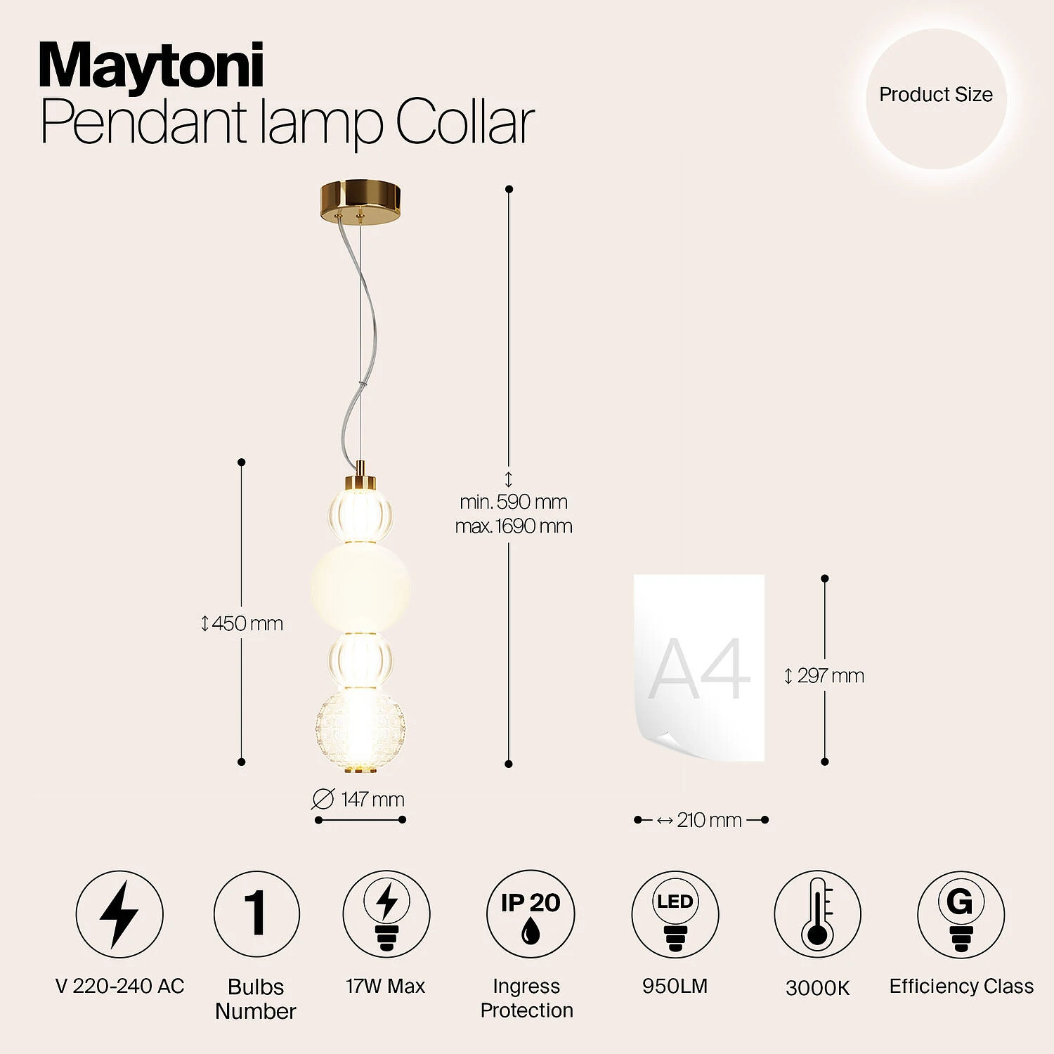 Подвесной светильник Pendant Collar, LED 17W, 3000K, Золото, Прозрачный и белый (Maytoni, P069PL-L17G3K) - Amppa.ru